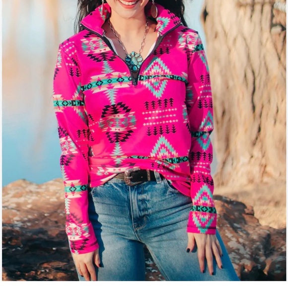 Sterling Kreek Pink Aztec Inspired Quarter Zip, size Medium - Picture 1 of 7